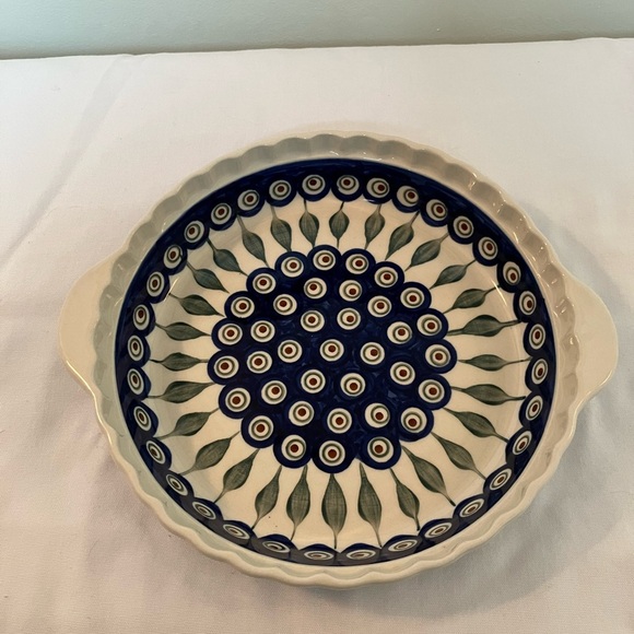 Polish Pottery Pie Plate 9.75” Diameter Boleslawiec Peacock Pattern - Picture 1 of 9